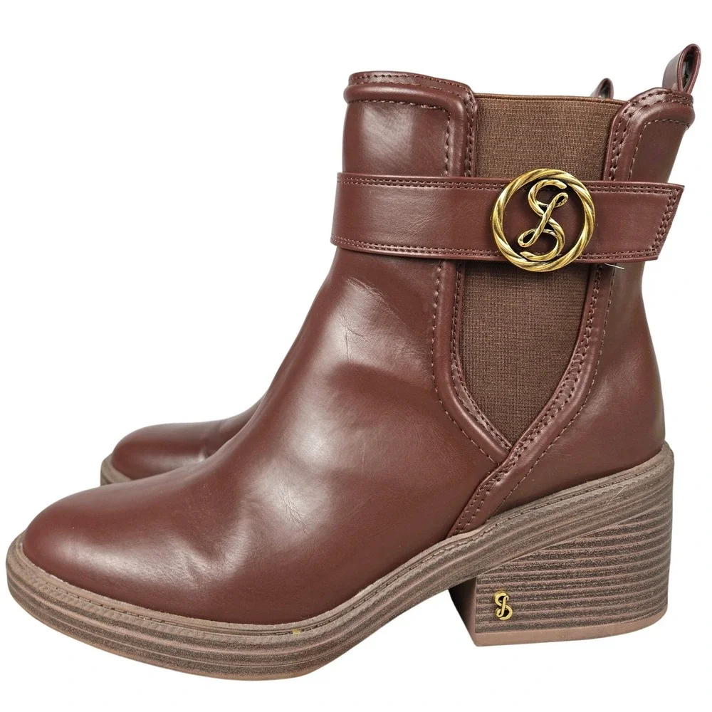 Sam & Libby Natalia Brown Faux Leather Buckle Stacked Heel Ankle Boots 9.5M